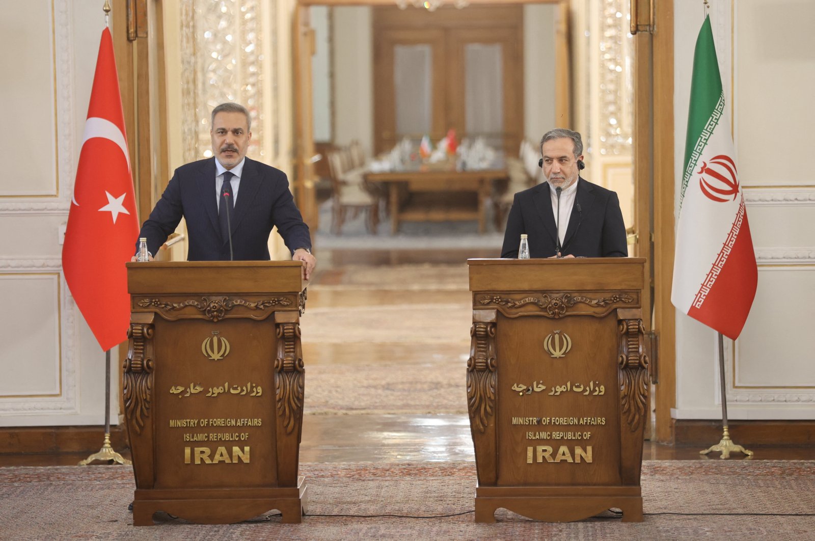 Turkish Foreign Minister Hakan Fidan and Iranian Foreign Minister Abbas Araghchi during media briefing in Tehran.
