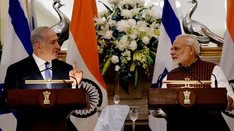 Narendra Modi and Benjamin Netanyahu discussing bilateral relations during a previous meeting.