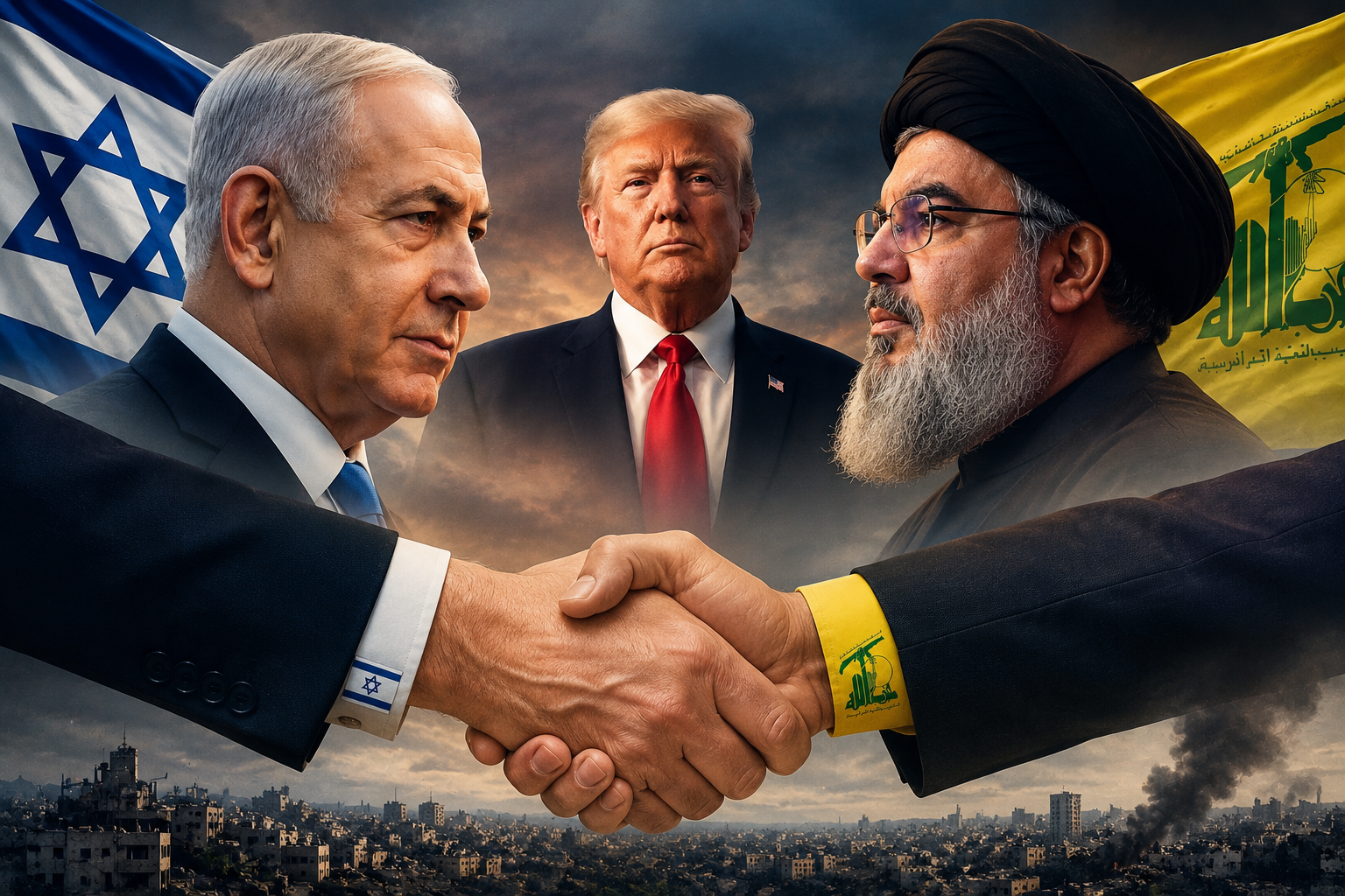 Trump, Netanyahu and Hezbollah representatives during reported ceasefire talks in the Middle East.
