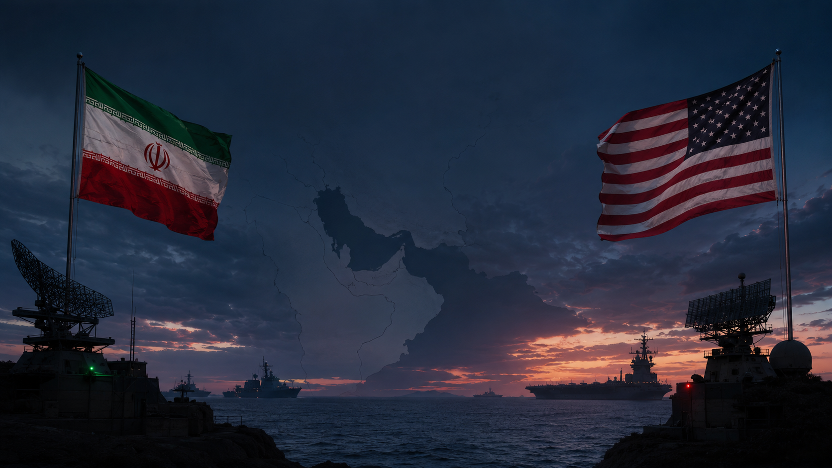 Iran and United States flags overlooking naval vessels and military radar systems in the Persian Gulf amid rising Middle East tensions.
